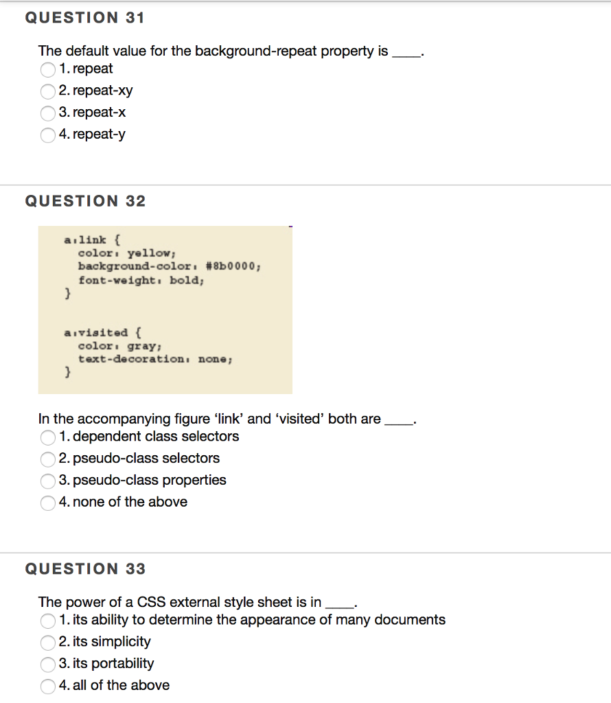 The default value for the background-repeat property is _____. 1. repeat