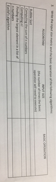  3. Write the input size metric and the basic operation of