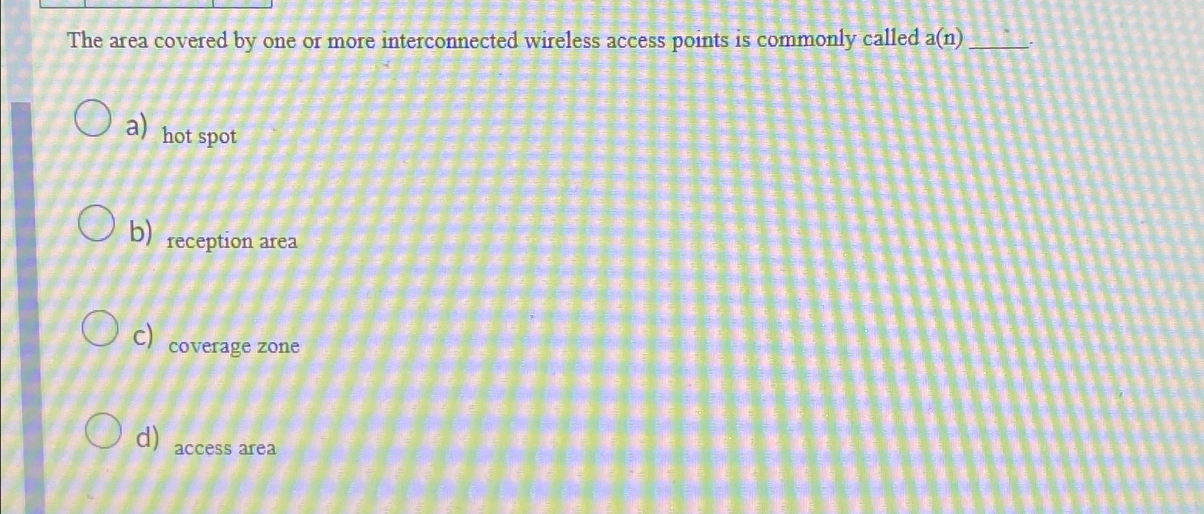  The area covered by one or more interconnected wireless access points
