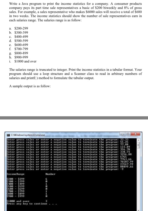  Java Write a Java program to print the income statistics for
