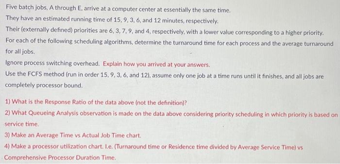  Five batch jobs, A through E, arrive at a computer center