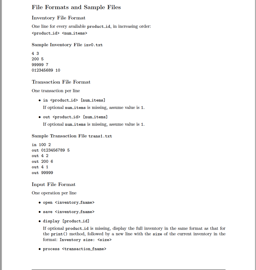 simple inventory management system based on a simple inventory ADT, as described