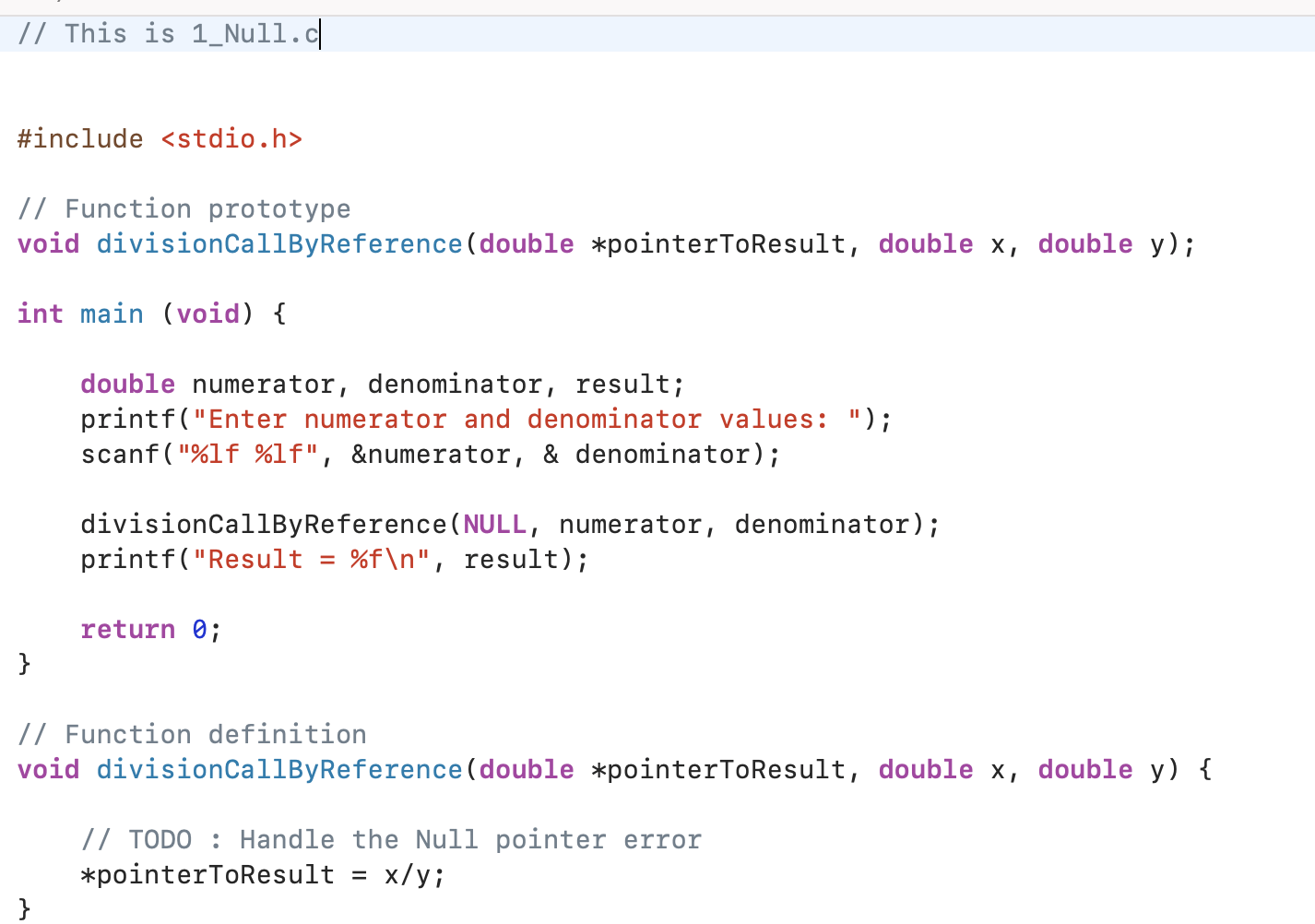 does the second program crash? fix the problem in the 1_NULL.c program