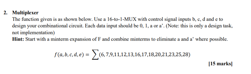 The function given is as shown below. Use a 16-to-1-MUX with
