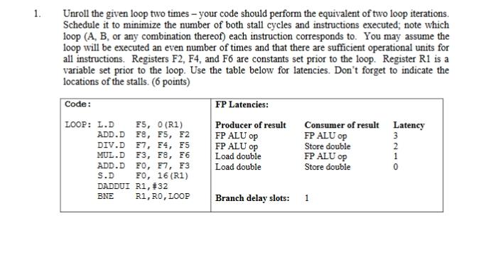  1. Unroll the given loop two times - your code should
