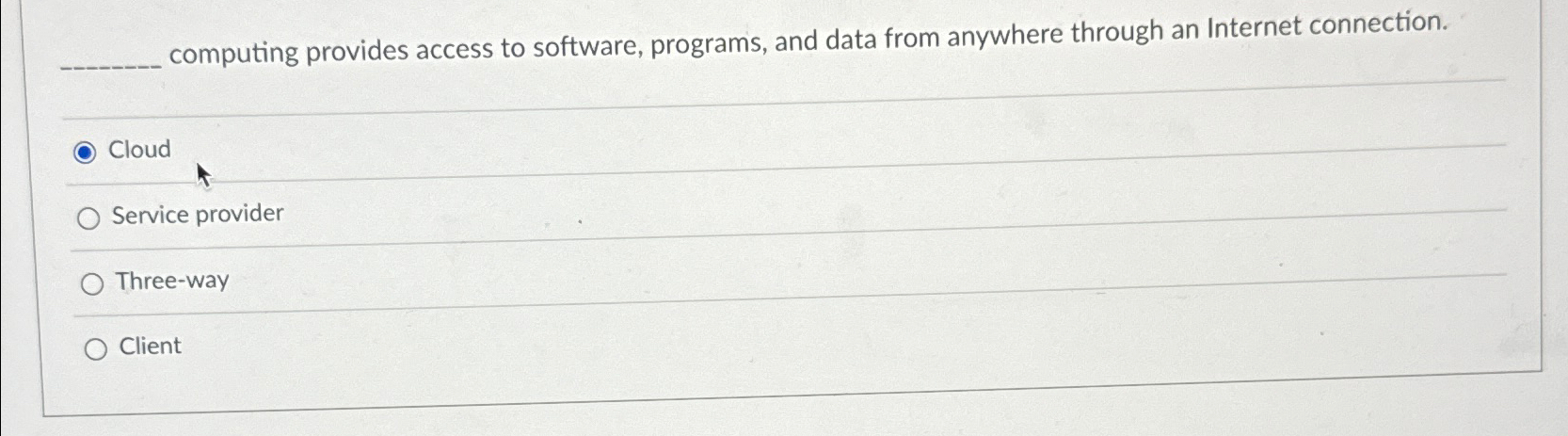  computing provides access to software, programs, and data from anywhere through
