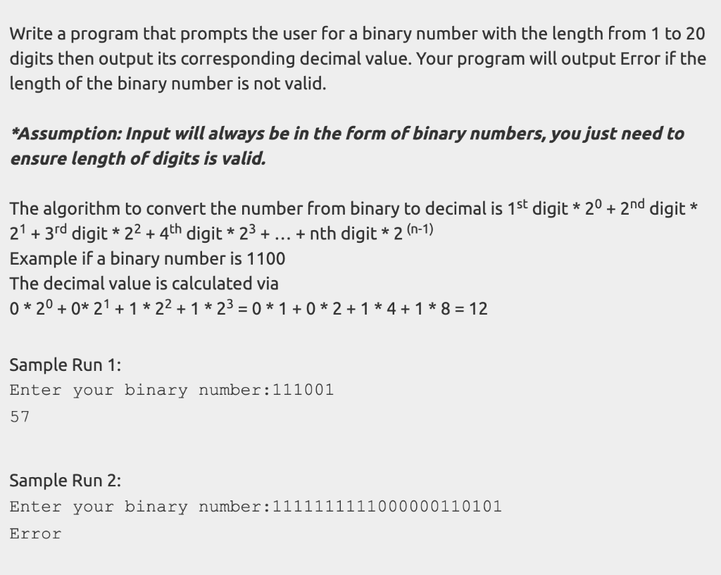  Need solution to this python question. Binary to decimal. Write a