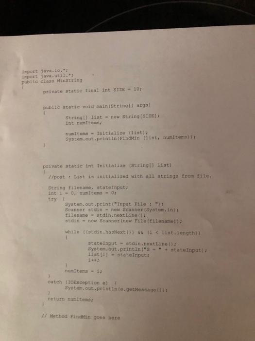 supposed to take an external file and search for the minimum value