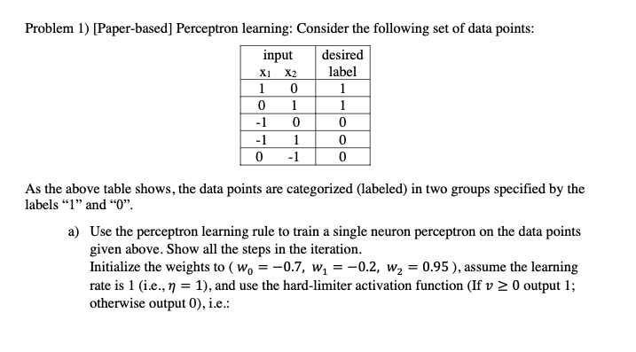 Please answer in Python code Problem 1) [Paper-based] Perceptron learning: Consider the