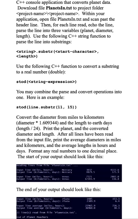  C++ console application that converts planet data. Download file PlanetsIn.txt to