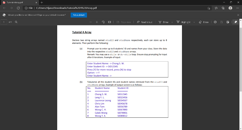 using c++ Tutorial Amoy.pdf X + C O File /Users/Aljaso/Downloads/Tutorial :204%20Array.pdf to