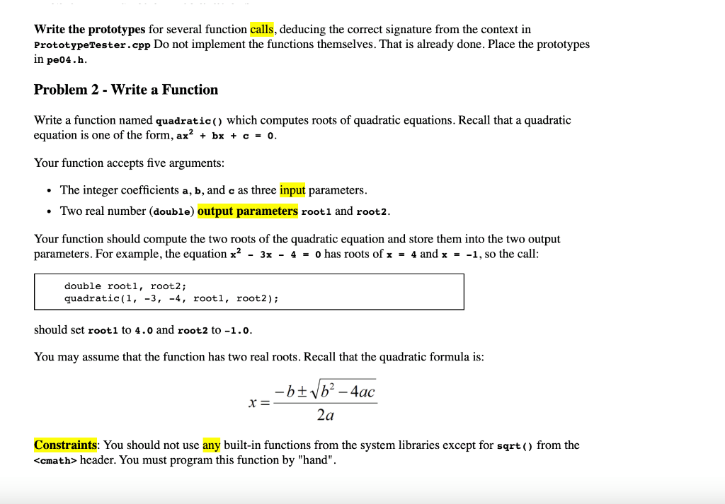 C++ only Write the prototypes for several function calls, deducing the