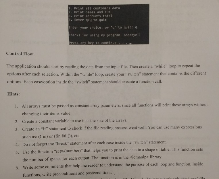 a file of customers data into different arrays, pass these arrays to