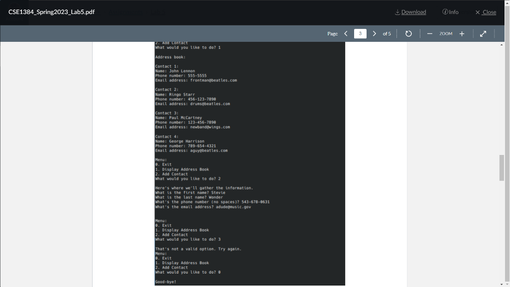 contacts. The initial contact list will be loaded from a file. The
