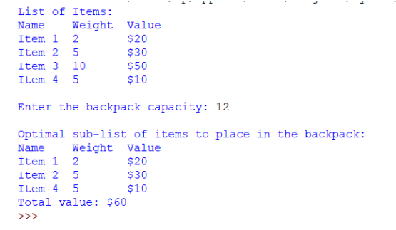 list of items, pack a bag that doesn't go over weight with