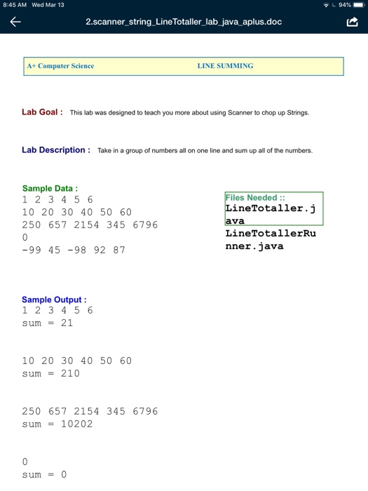  8:45 AM Wed Mar 13 94%- 2.scanner_string Line Totaller_lab_java aplus.doc A+