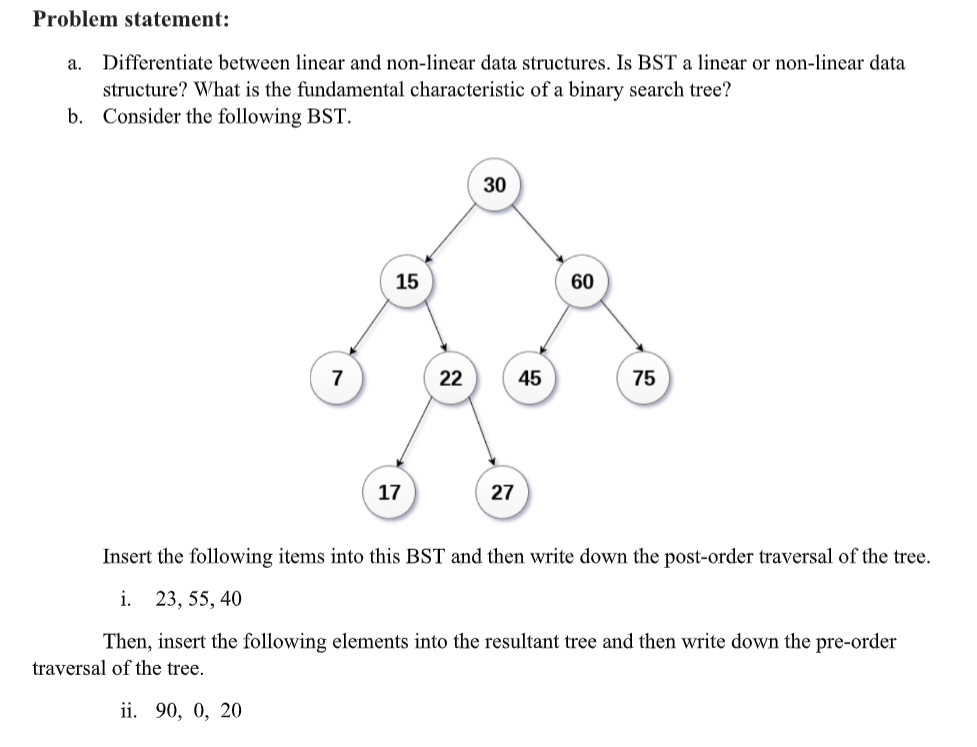  Problem statement: a. Differentiate between linear and non-linear data structures. Is
