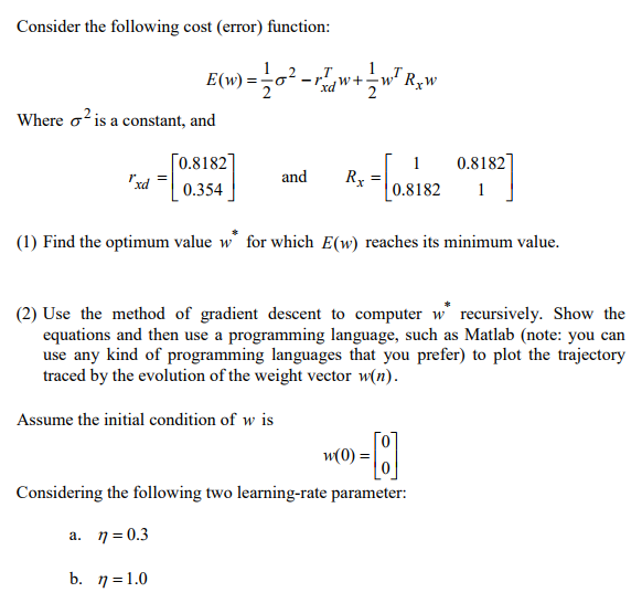 Consider the following cost (error) function where 2 is a constant,