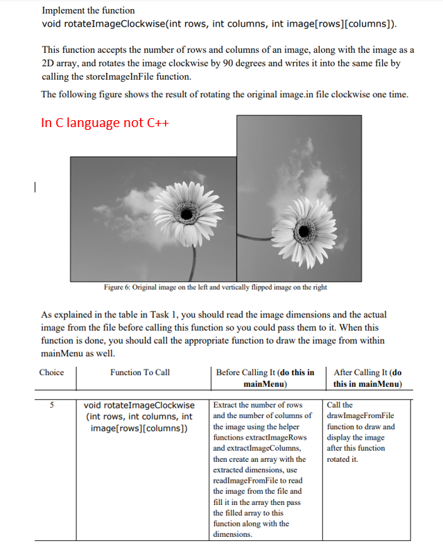  Implement the function void rotateImageClockwise(int rows, int columns, int image[rows][columns]). This