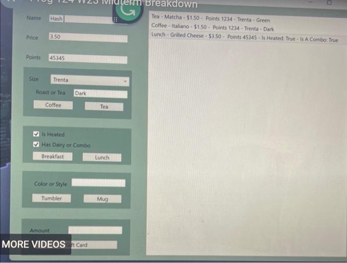 using wpf window. Name Tea - Matcha - 51.50 - Points 1234