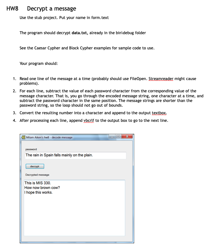 Using Visual Studio and Visual Basic Windows Form App HW8 Decrypt a