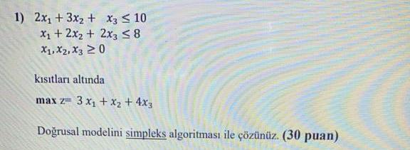  Solve linear model with simplex algorithm 1) 2x2 + 3x2 +