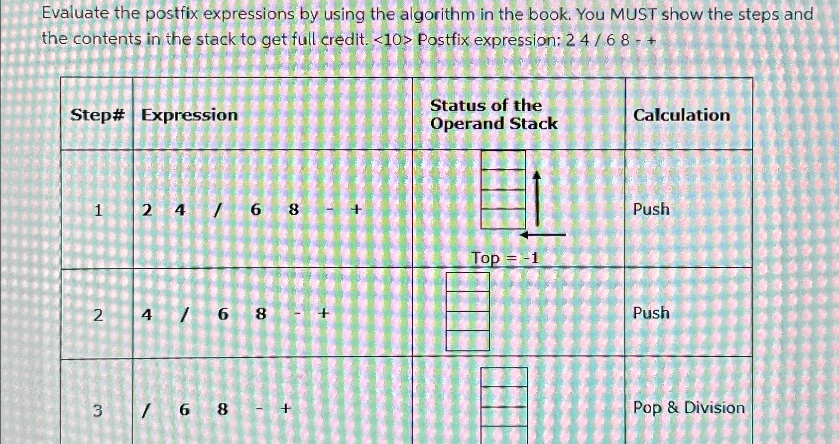  Evaluate the postfix expressions by using the algorithm in the book.