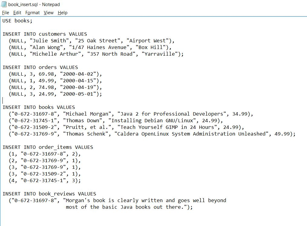 database built by BookORama Example. Write SQL statements in MySQL Workbrench to