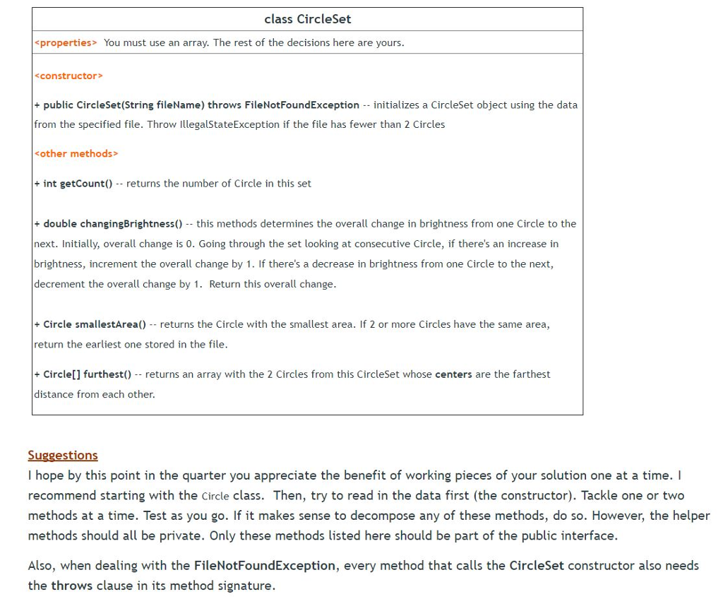 that will read in a set of data about circles from a