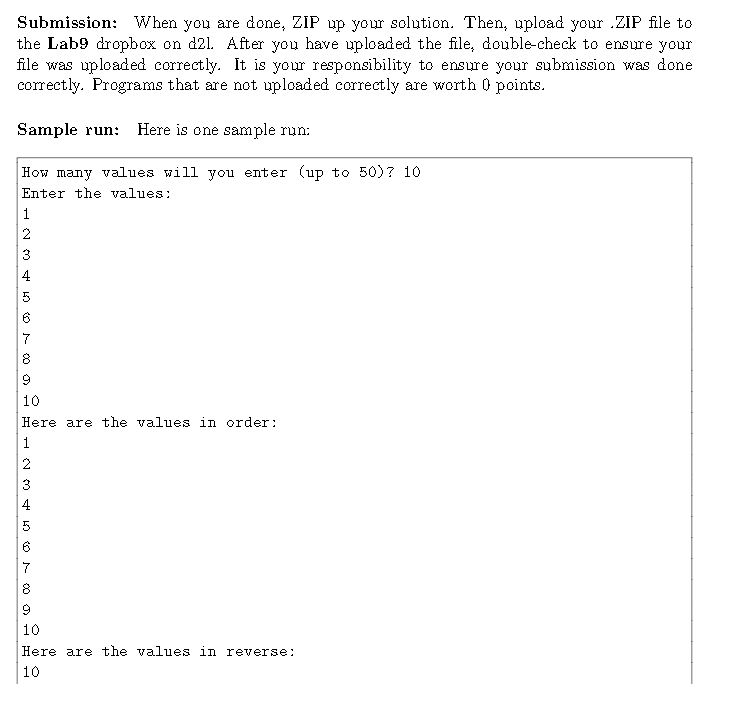 in an array, print out the array, one number per line, reverse