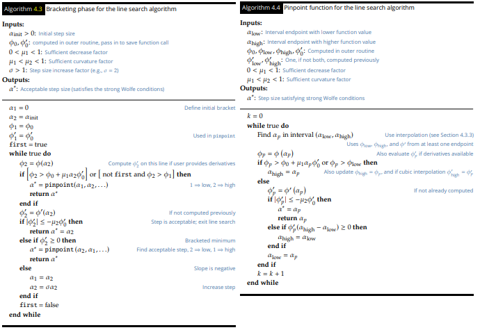  Using Python, develop a line search algorithm (i.e. Algorithm 4.3 and