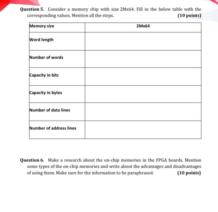  Question 5. Consider a memory chip with size 2Mx64. Fill in