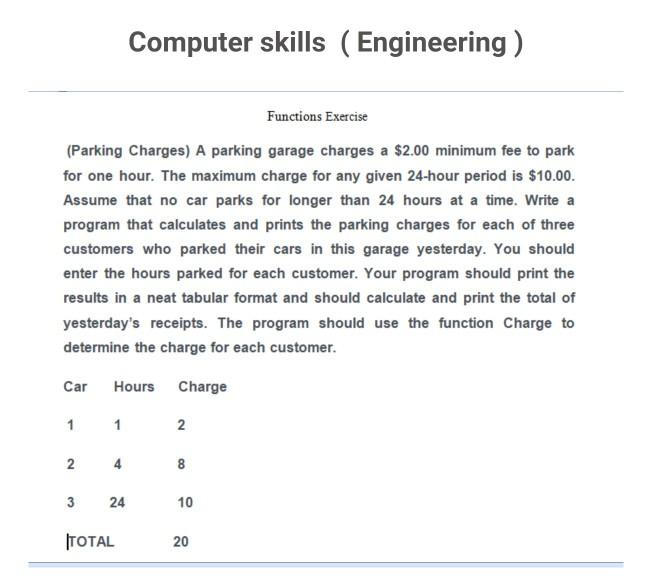  Computer skills (Engineering) Functions Exercise (Parking Charges) A parking garage charges