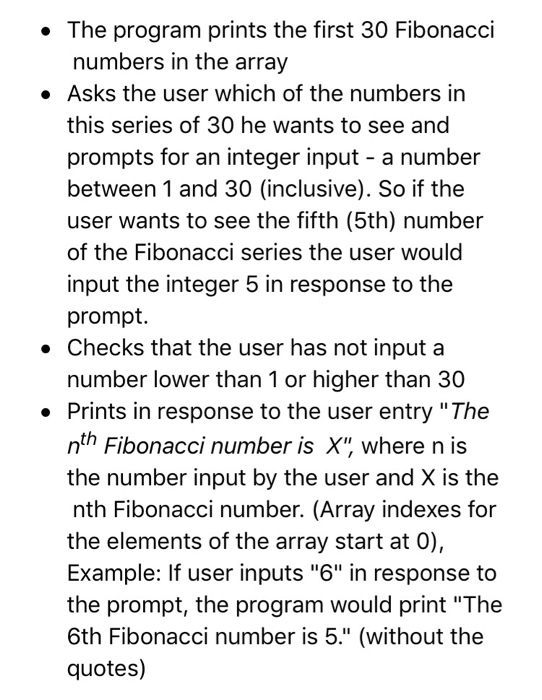 generates an array of Fibonacci numbers. Specifications: The program . Fills a