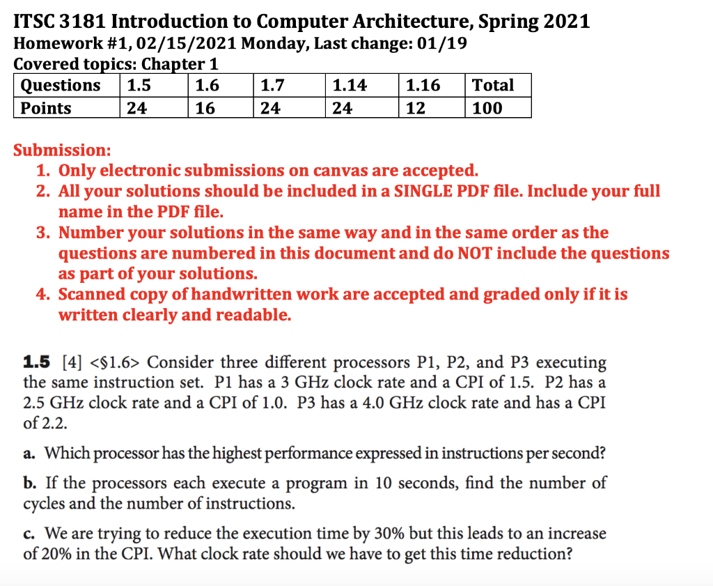  ITSC 3181 Introduction to Computer Architecture, Spring 2021 Homework #1,02/15/2021 Monday,