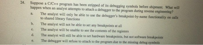  Suppose a C/C++ program has been stripped of its debugging symbols