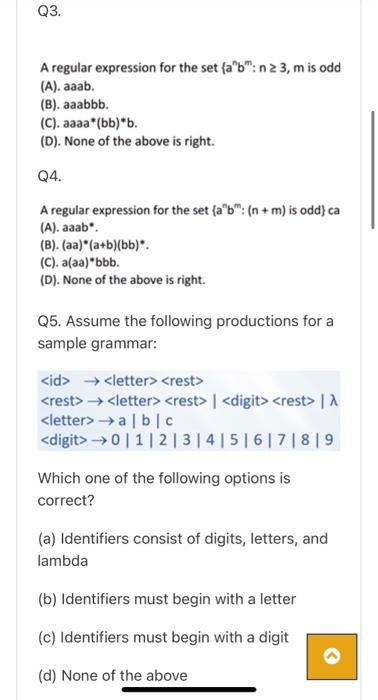  Q3. A regular expression for the set {ab": n 23, mis