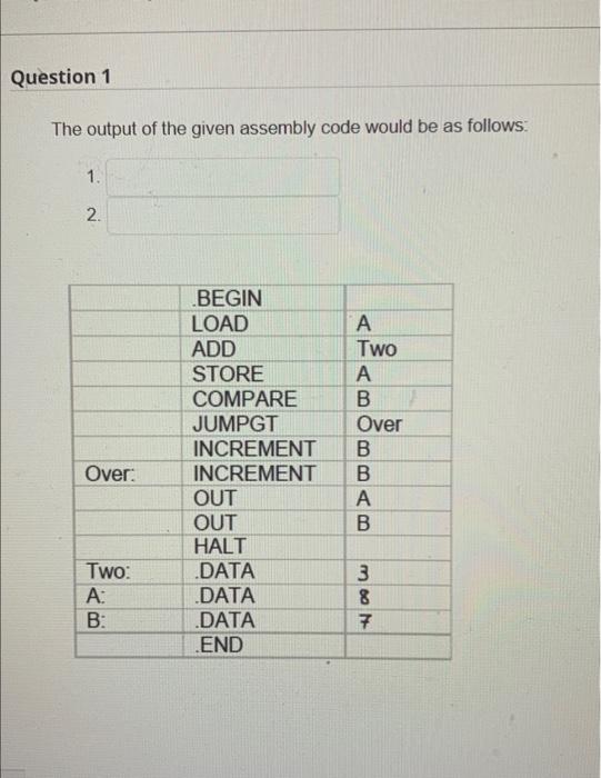  Question 1 The output of the given assembly code would be