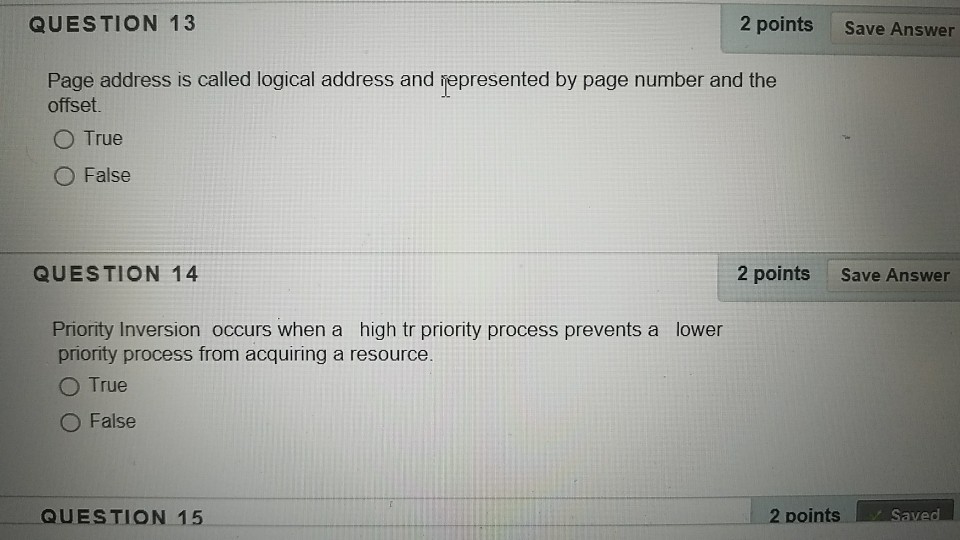  QUESTION 13 2 points Save Answer Page address is called logical