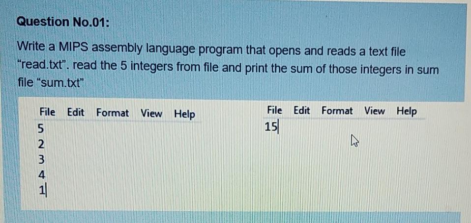  please help mips code assembly language mars Question No.01. Write a