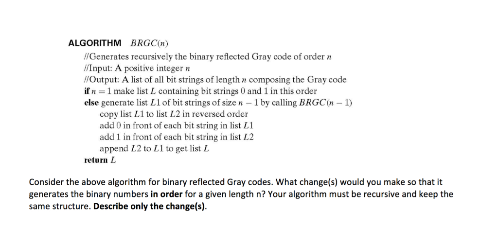  ALGORITHM BRGC(n) /Generates recursively the binary reflected Gray code of ordern