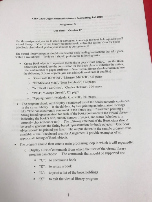  CSEN 2310 Object Oriented Software Engineering, Fall 2018 Assignment 3 Due