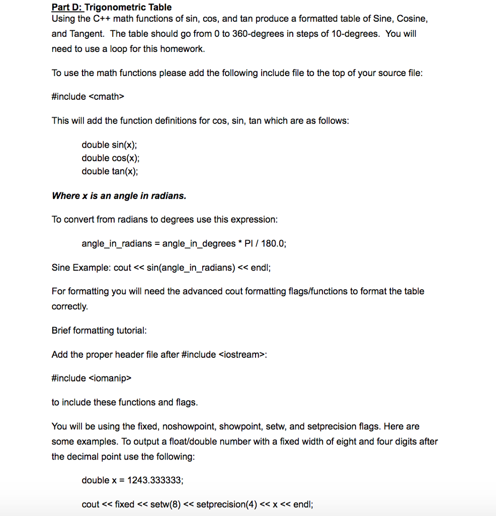 Part D: Trigonometric Table Using the C++ math functions of sin,