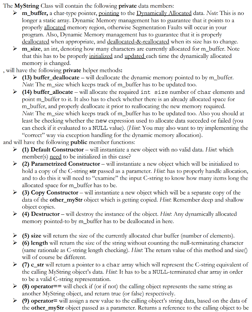 Need help implementing these class members? This is the privided string class: