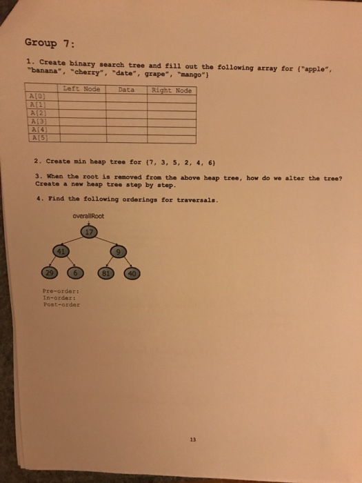  Create binary search tree and fill out the following array for