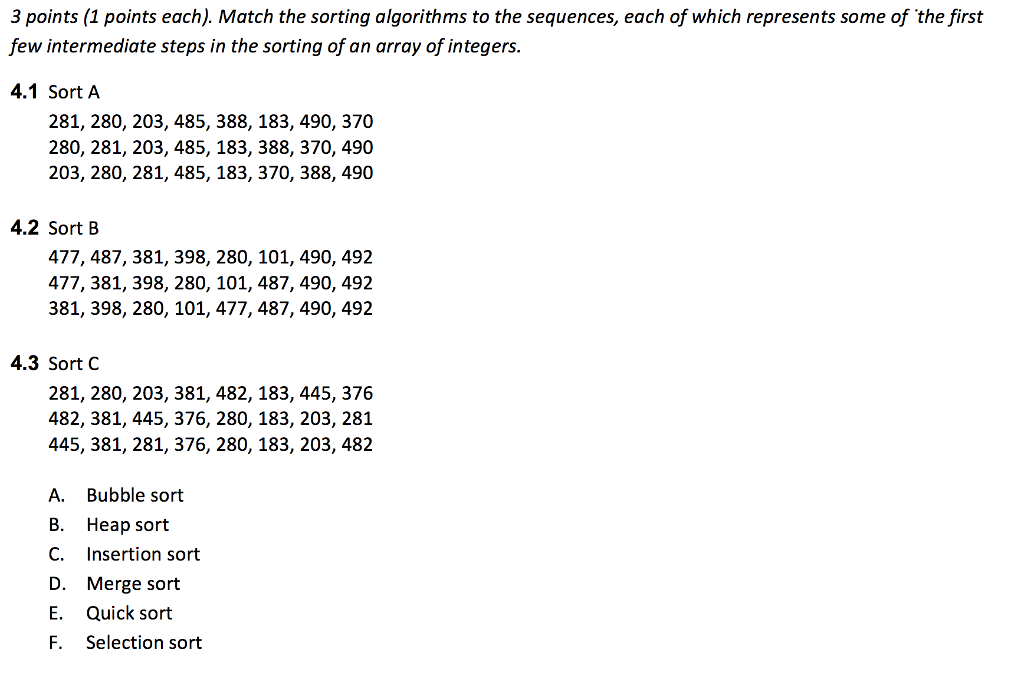 3 points (1 points each). Match the sorting algorithms to the