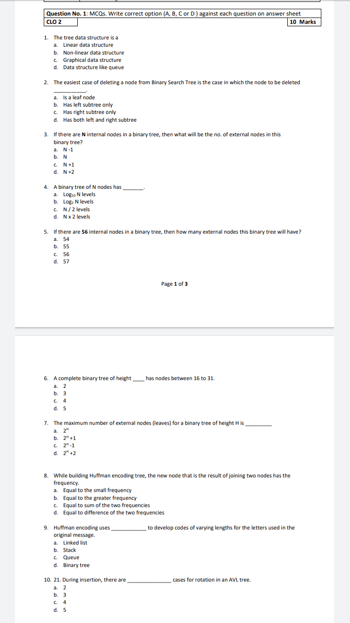  Question No. 1: MCQs. Write correct option (A, B, C or