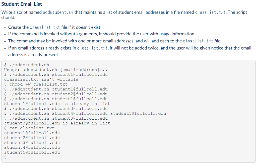 Linux Shell scripting Student Email List Write a script named adds tudent.sh
