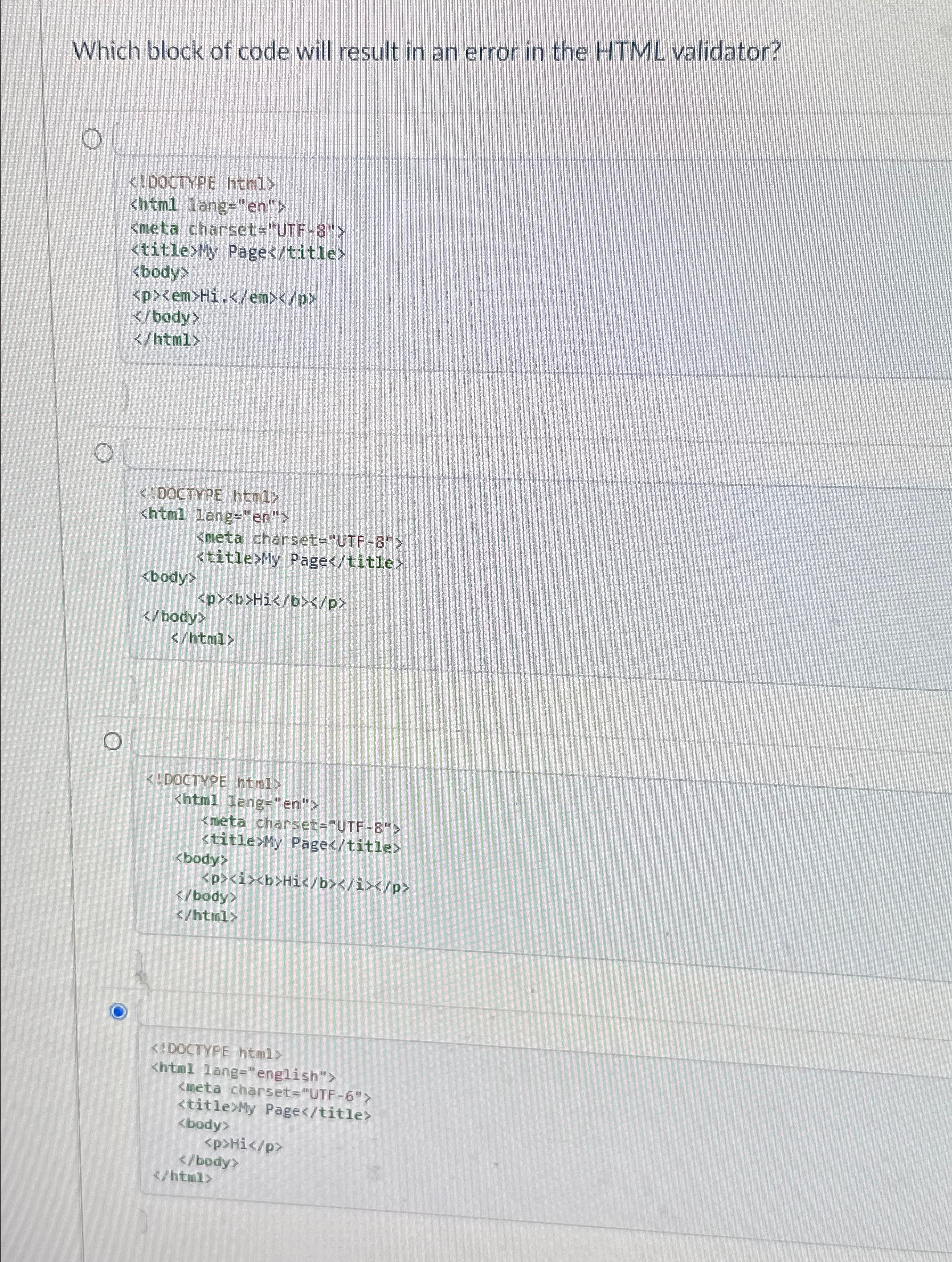  Which block of code will result in an error in the
