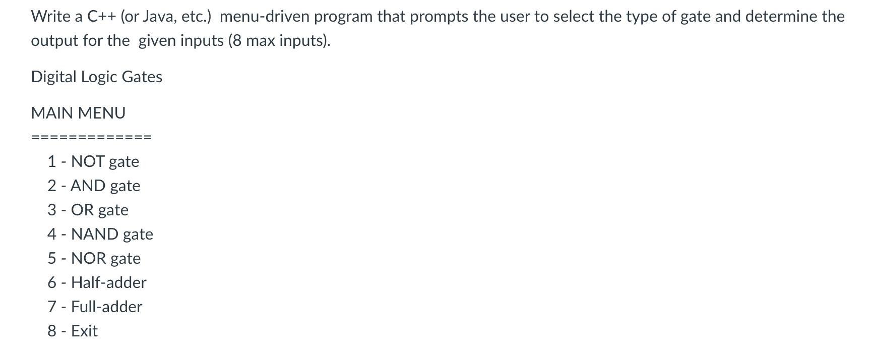  Write a C++ (or Java, etc.) menu-driven program that prompts the